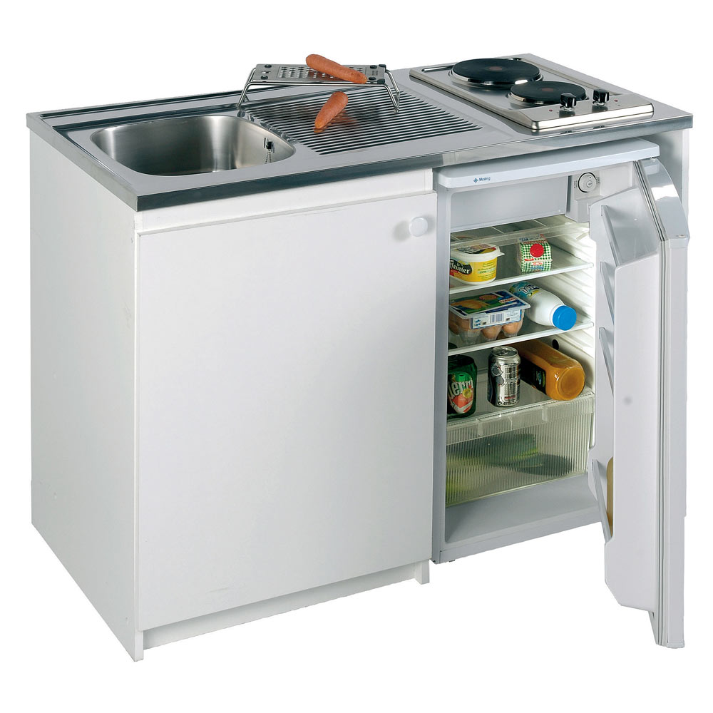 Cuisinette-120cm-avec-domino-électrique,-meuble-sans-étagère-et-réfrigérateur-48cm-A+
