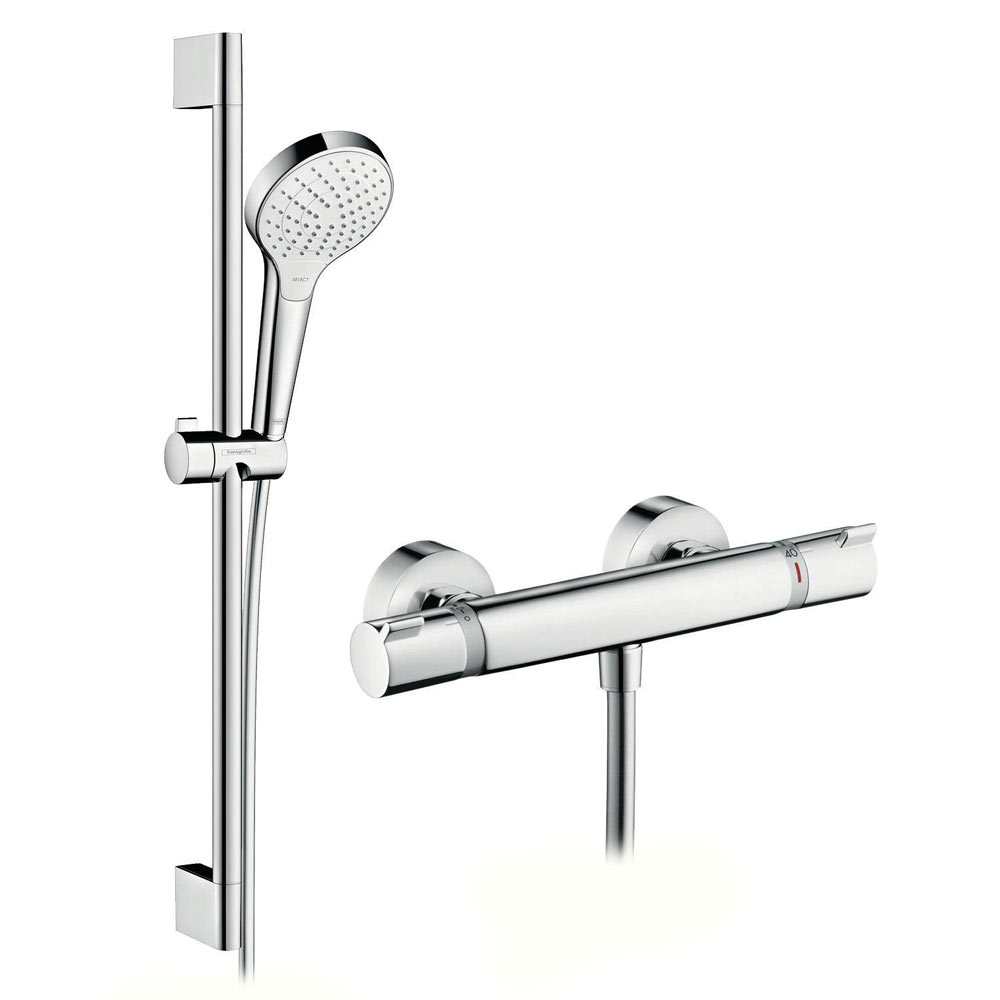 Mitigeur-thermostatique-Hansgrohe-avec-barre-de-douche-et-douchette-3-jets