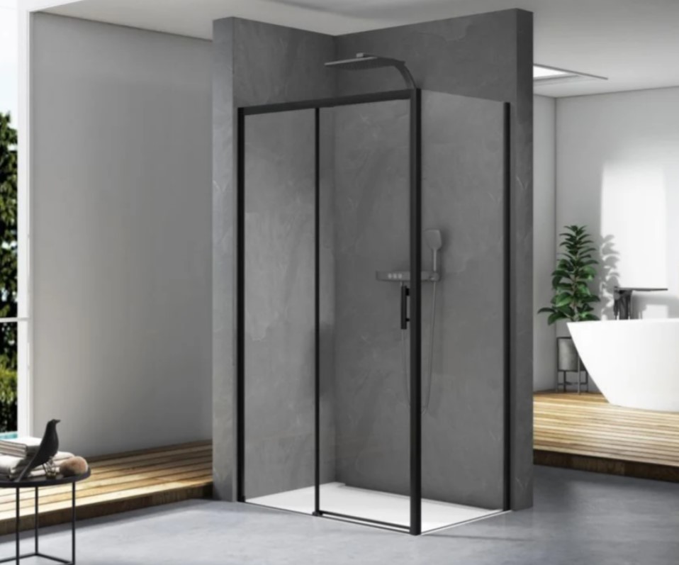 Paroi-de-douche-en-niche-Alterna-Concerto-Access-sans-seuil-coulissante-2-vantaux-profilés-noir-mat-140cm